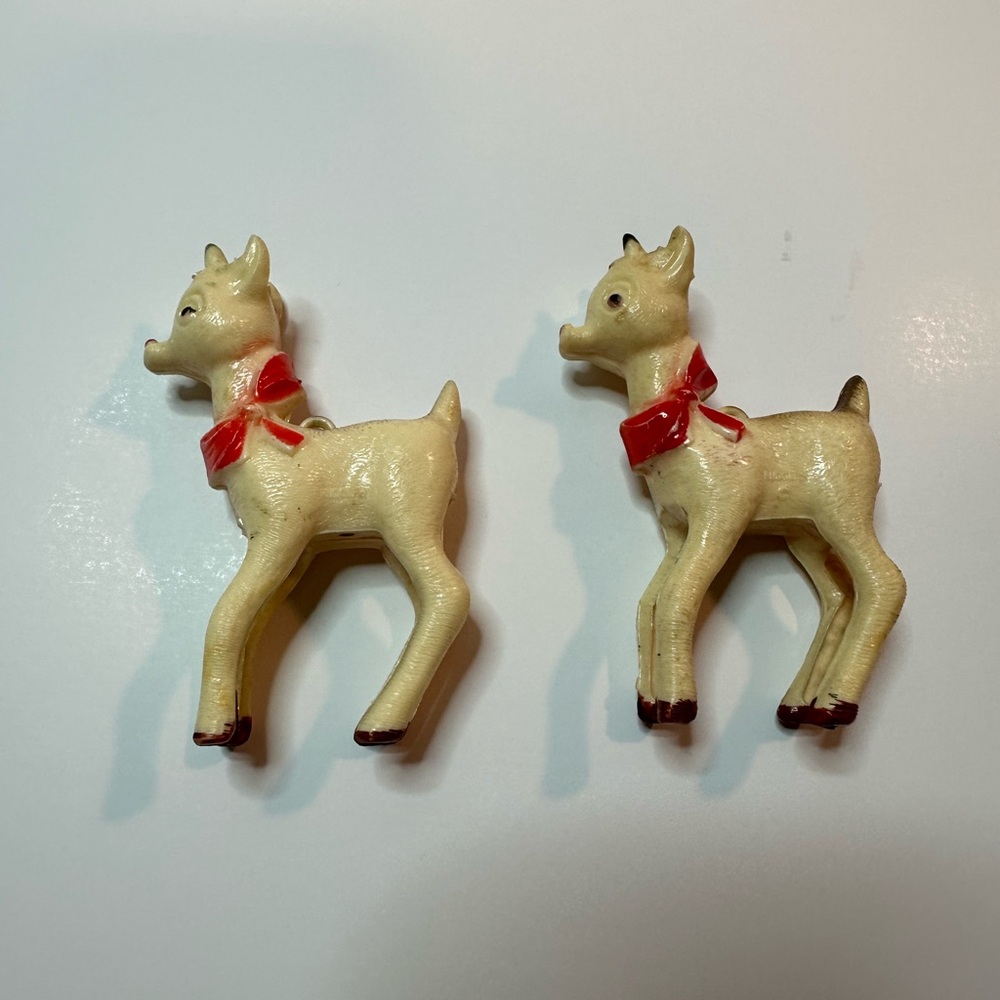 Vintage Christmas hard plastic Rudolph ornaments PAIR